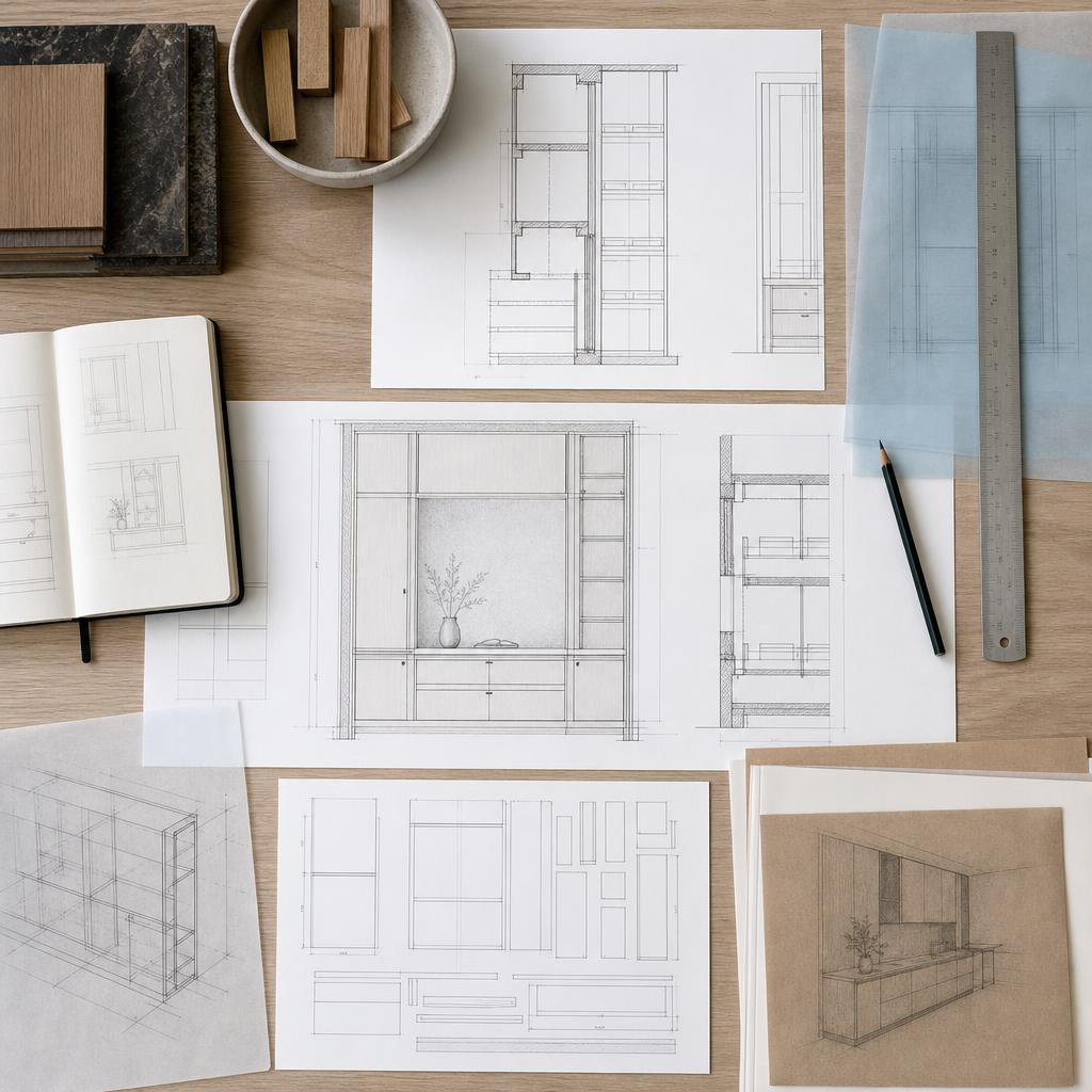 Drafting work laid out on a studio worktable
